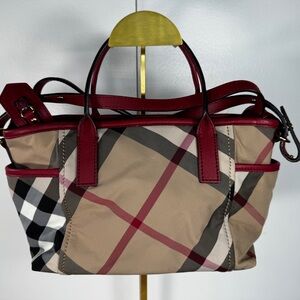 Burberry Nova Check Mini Tote Red Leather Trim Crossbody Bag